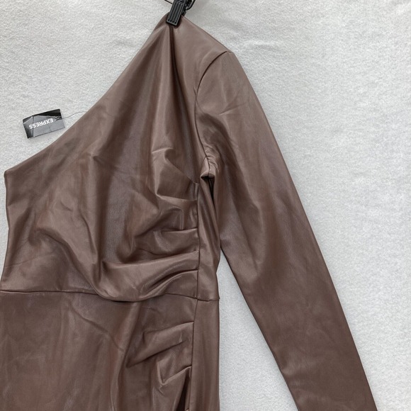 Express Brown Faux Leather One Shoulder Bodycon Dress XS Long Sleeve Party NWT - Picture 2 of 14